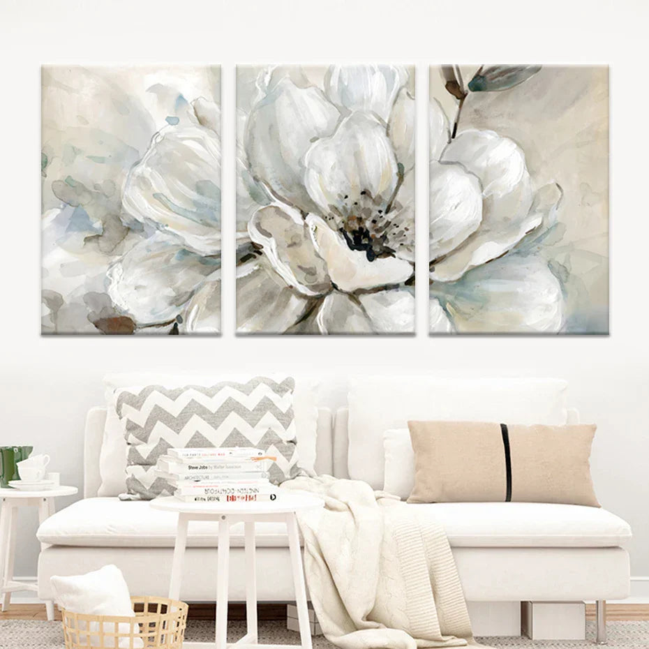 Large Beige White Floral Wall Art Fine Art Canvas Prints Modern Botanical Pictures for Living Room Dining Room Bedroom Art Decor | Skanto