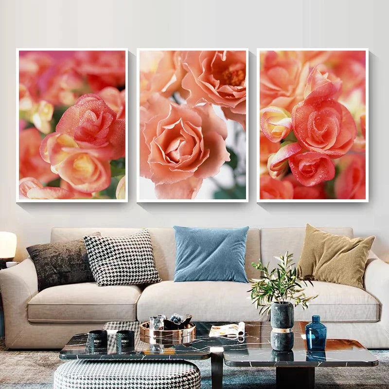 Pink Red Roses Floral Wall Art Fine Art Canvas Prints Modern Botanical Posters Pictures For Living Room, Bedroom Art Decor | Skanto