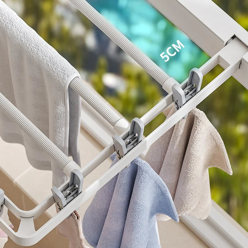 Skanto | DryFold Veggemontert Sammenleggbart Klesstativ | Sammenleggbart & Plassbesparende | Med Vindmotstandsdyktige Klemmer | Plast/ Rustfritt Stål