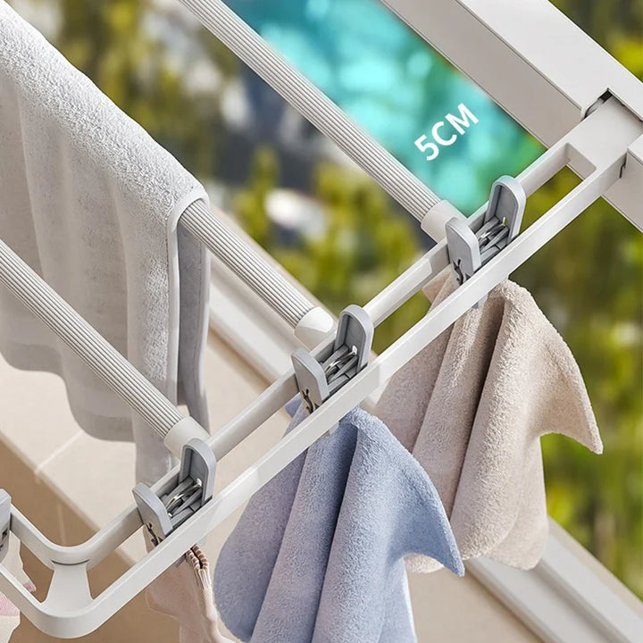 Skanto | DryFold Veggemontert Sammenleggbart Klesstativ | Sammenleggbart & Plassbesparende | Med Vindmotstandsdyktige Klemmer | Plast/ Rustfritt Stål