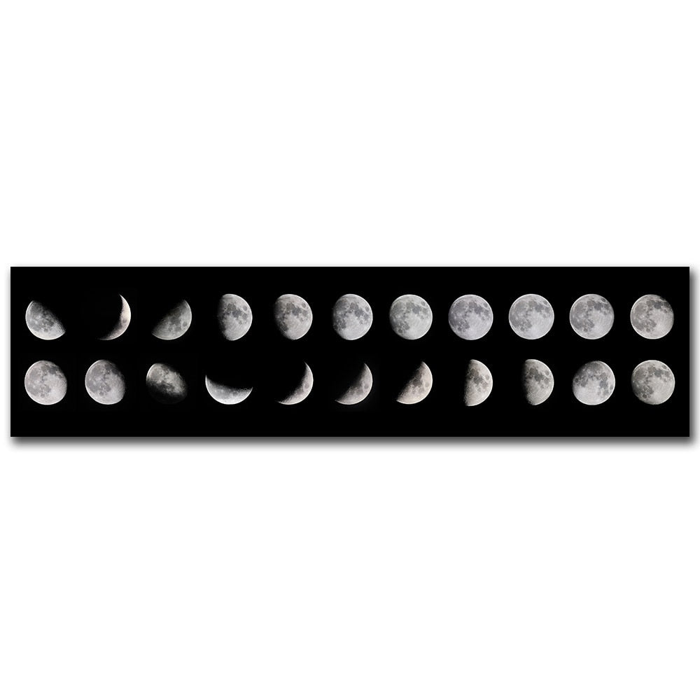 Moon Phases Wide Format Black White Wall Art Canvas Print Pictures For Bedroom Above Bed Living Room Decor | Skanto