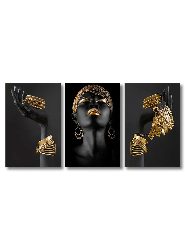 Set of 3 Black Gold Woman Portrait Wall Art Fine Art Canvas Prints Pictures for Luxury Living Room Dining Room Home Office Decor | Skanto