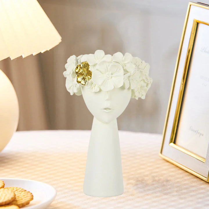 Skanto | Nordic Girl Hode Blomst Harpiks Vase Statue Blomster Vaser for Kontor Skrivebord Tørkede Blomster Ornamenter Dekor Beholder