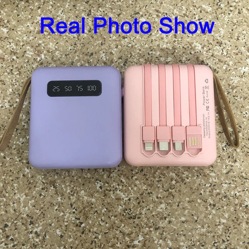 Norvo | Mini Powerbank med Speildisplay | 20,000 mAh | Hurtigladingfunksjon & Integrerte Kabler | For iPhone, Samsung, Xiaomi & mer