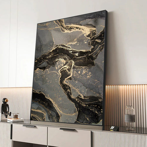 Abstract Black Gray Gold Fluid Marble Print Wall Art Fine Art Canvas Prints Pictures for Modern Apartment Living Room Home Office Decor | Skanto