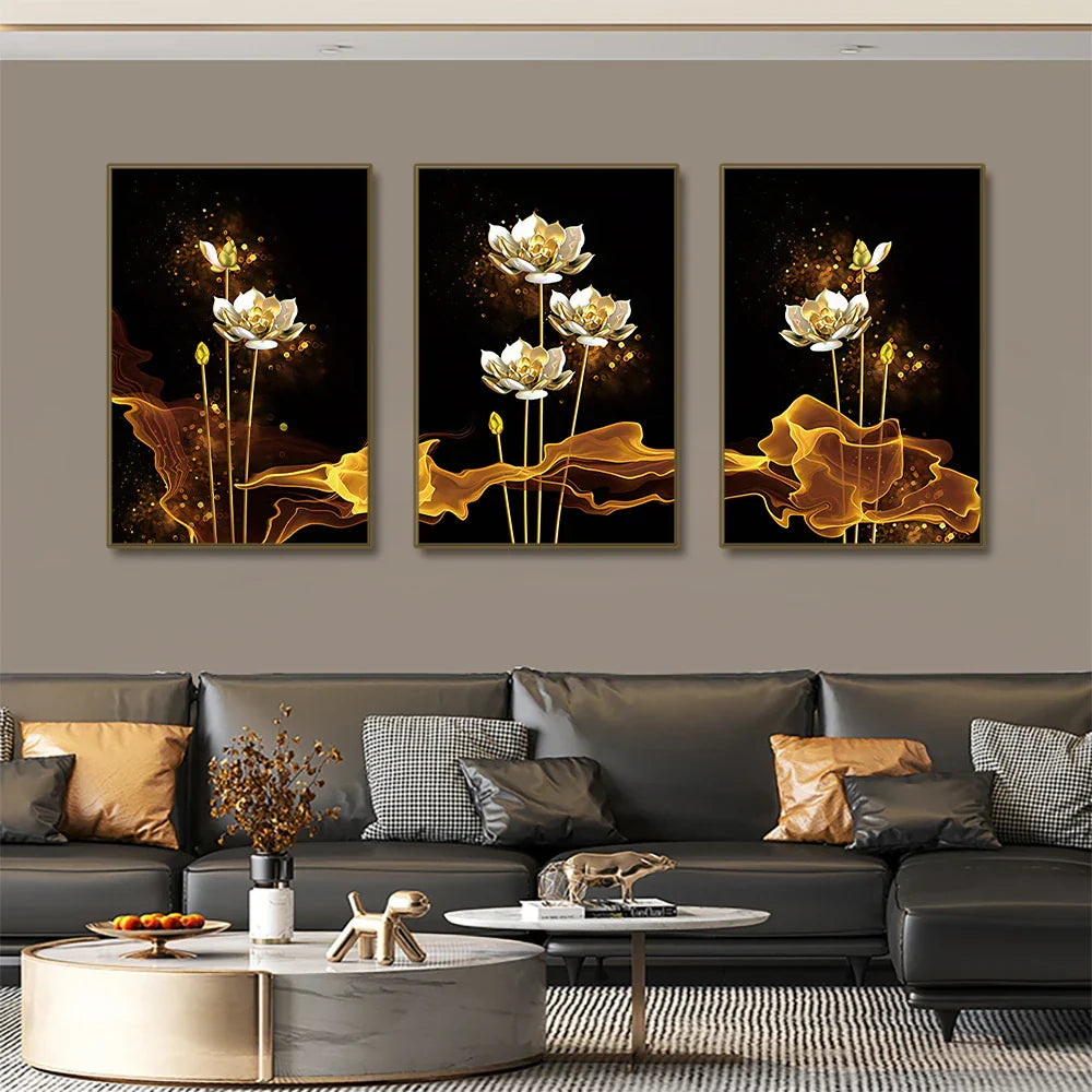 Set of 3PCs White Golden Lotus Exotic Flower Wall Art Fine Art Canvas Prints Exotic Botanical Pictures for Luxurious Living Room Dining Room Bedroom Art Decor | Skanto