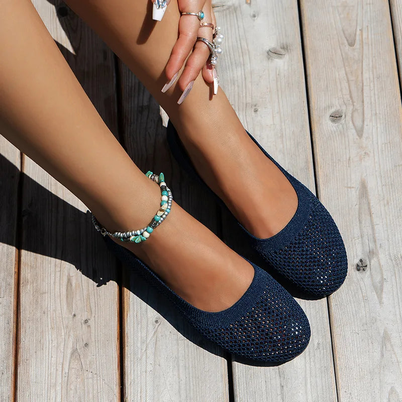 Skanto | Kvinner Rundtå Flat Sko Solid Farge Strikket Tøfler Casual Pustende Ballett Flats Kvinner Flat Sko Loafers Kvinner