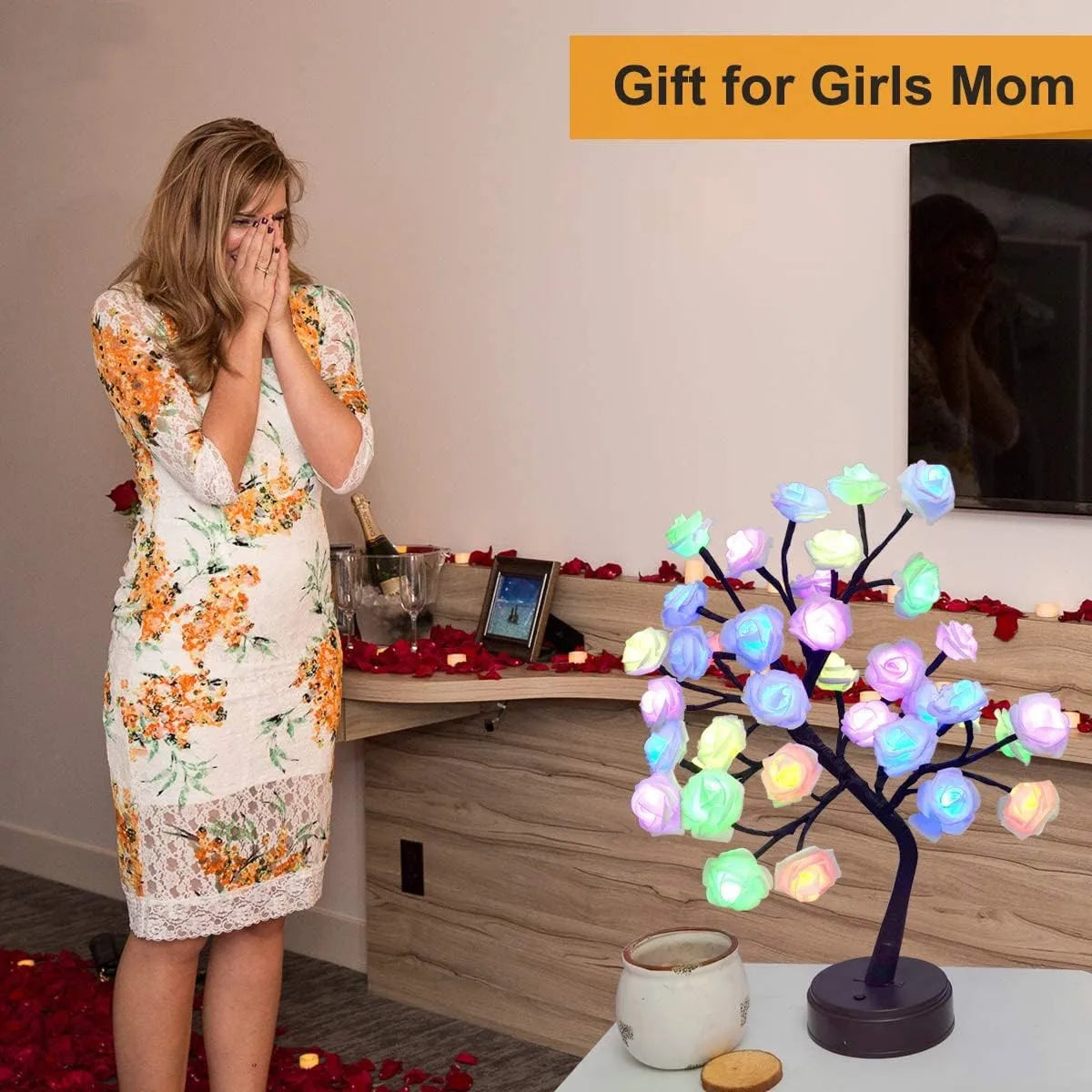 Norvo | RGB Rose Flower Tree Lights 24LED USB Batteri Bordlampe Fairy Natt Lys Hjem Fest Jul Bryllup Soveroms Dekorasjon Gave