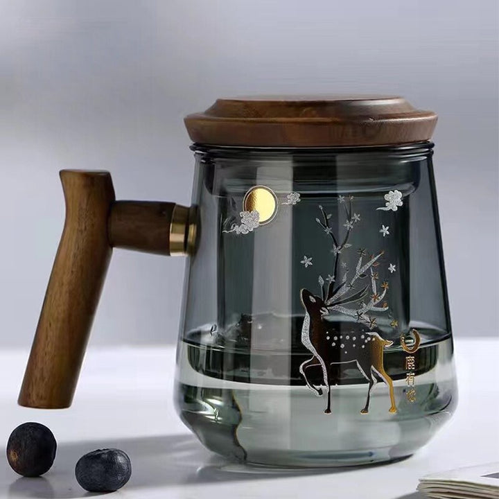 Premium Glass Tea Cup with Filter and Wooden Handle, 470ml | Skanto