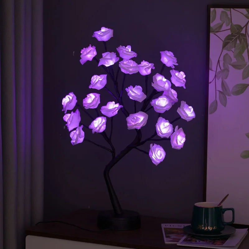 Norvo | RGB Rose Flower Tree Lights 24LED USB Batteri Bordlampe Fairy Natt Lys Hjem Fest Jul Bryllup Soveroms Dekorasjon Gave
