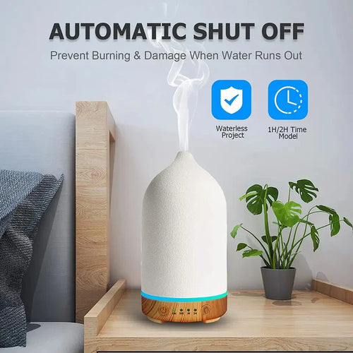 Skanto | Aromisca Keramisk Aroma Diffuser | 100 ml Ultralyd Luftfukter | 7 LED Farger & Timer | Håndlaget Design | EU Støpsel