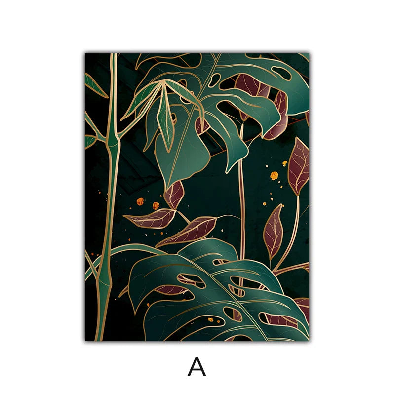 Modern Abstract Tropical Botanicals Wall Art Fine Art Canvas Prints Red Green Palm Leaves Posters Pictures For Living Room Hotel Room Decor | Skanto