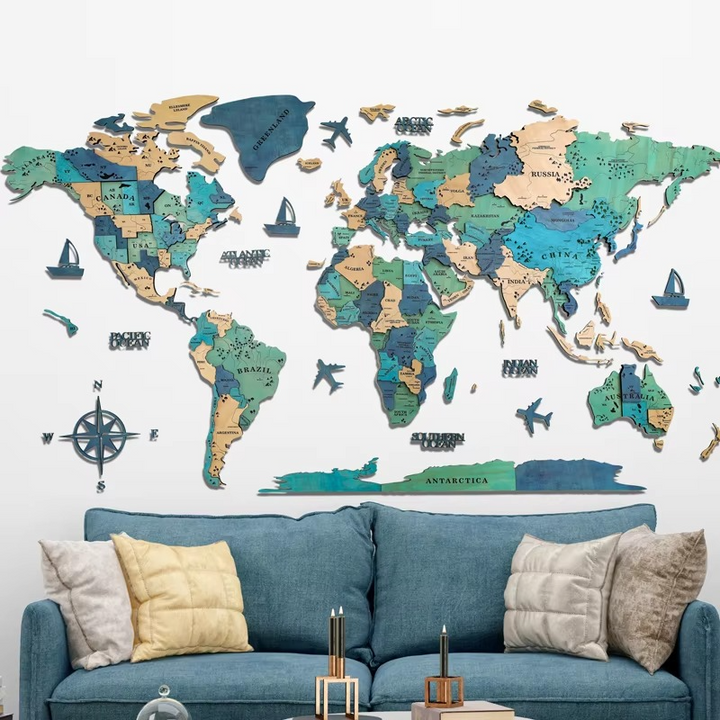 Skanto | 3D Solid Wood Verdenskart Veggkunst - Nordisk Stil Hjemmedekor