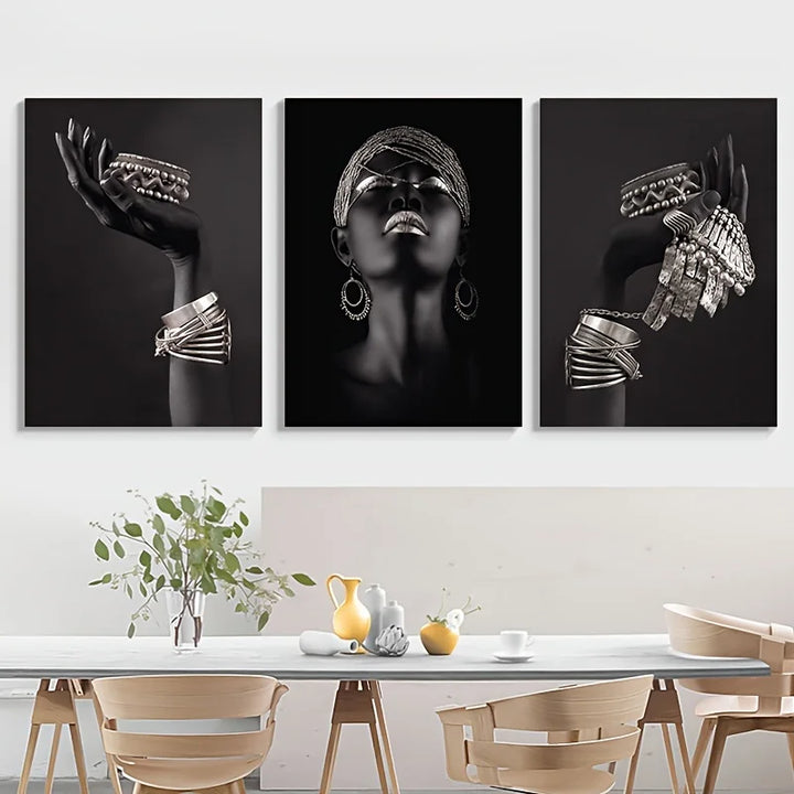 Set of 3 Black Gold Woman Portrait Wall Art Fine Art Canvas Prints Pictures for Luxury Living Room Dining Room Home Office Decor | Skanto