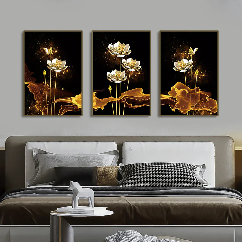 Set of 3PCs White Golden Lotus Exotic Flower Wall Art Fine Art Canvas Prints Exotic Botanical Pictures for Luxurious Living Room Dining Room Bedroom Art Decor | Skanto