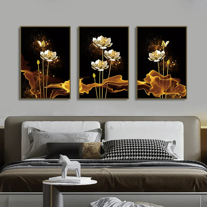 Set of 3PCs White Golden Lotus Exotic Flower Wall Art Fine Art Canvas Prints Exotic Botanical Pictures for Luxurious Living Room Dining Room Bedroom Art Decor | Skanto
