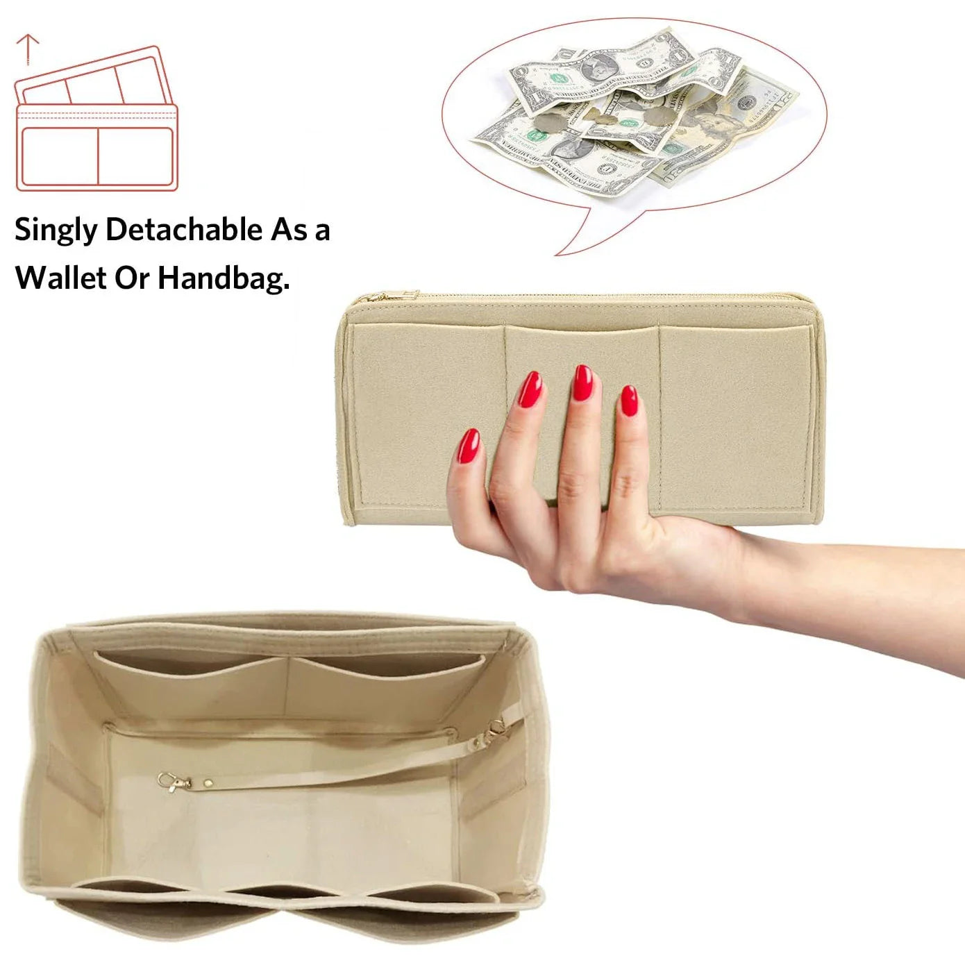 Norvo | TaschenLuxe Organizer Inlay | Filtinnsats med glidelås | 15 lommer & nøkkelstropp | For håndvesker & shoppingposer