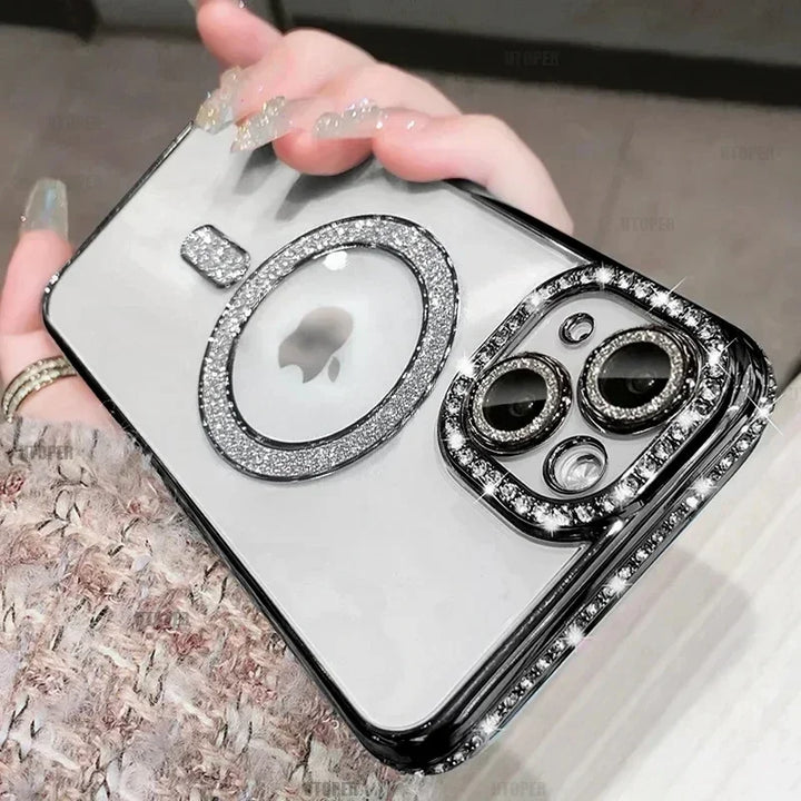 Luksus Glitter Bling MagSafe-deksel med krystalllinse for iPhone 15 16 11 12 13 14 Pro Max 16 Plus magnetisk trådløs lading gjennomsiktig deksel