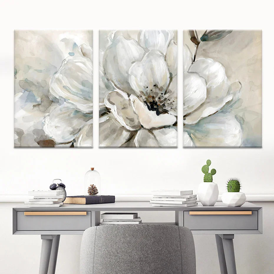 Large Beige White Floral Wall Art Fine Art Canvas Prints Modern Botanical Pictures for Living Room Dining Room Bedroom Art Decor | Skanto