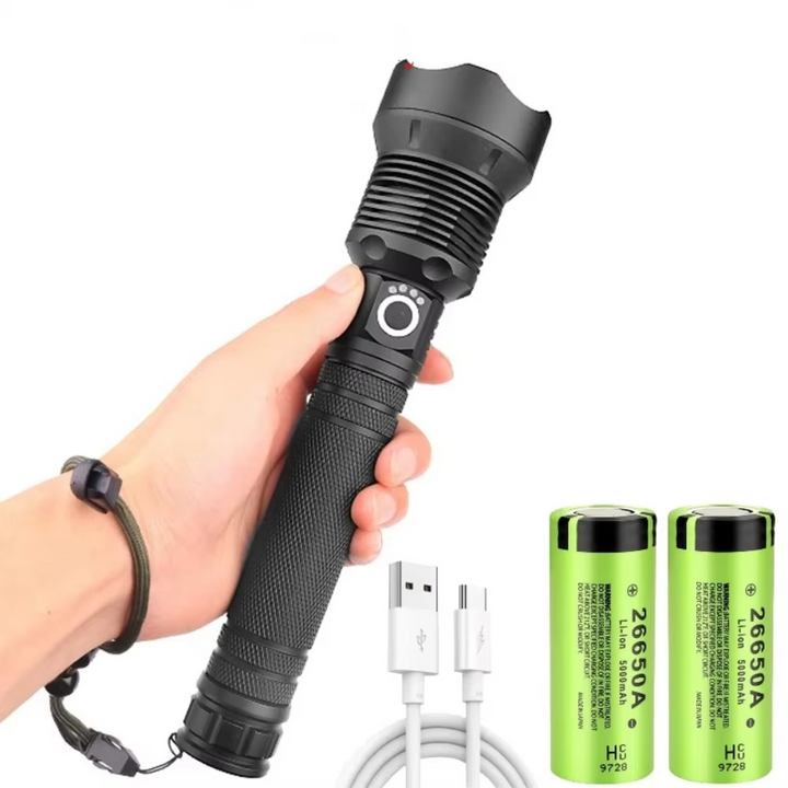 Skanto | Høy-effekt LED taktisk lommelykt, USB oppladbar, zoombar lysstråle, 5 lysmodus, vanntett, passer 26650 batteri