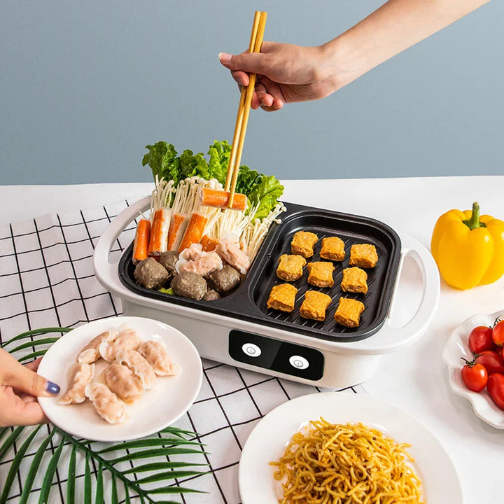 Skanto | 2 i 1 Non-stick Shabu Gryte og Grill - Multikoker for BBQ, Shabu Shabu, Biff, Ramen og Nudler, Elektrisk Kjele