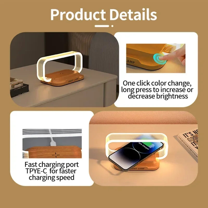 Skanto | LumiCharge Touch | LED Bordlampe med Trådløs Lader | Dimmbar & Berøringskontroll | Qi Rask Lading Funksjon | Wood Look
