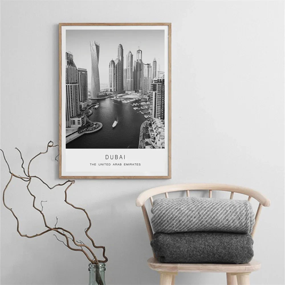 Dubai Skyline Poster International Travel Wall Art Fine Art Canvas Print Black White Pictures For Living Room Dining Room Home Office Art Decor | Skanto