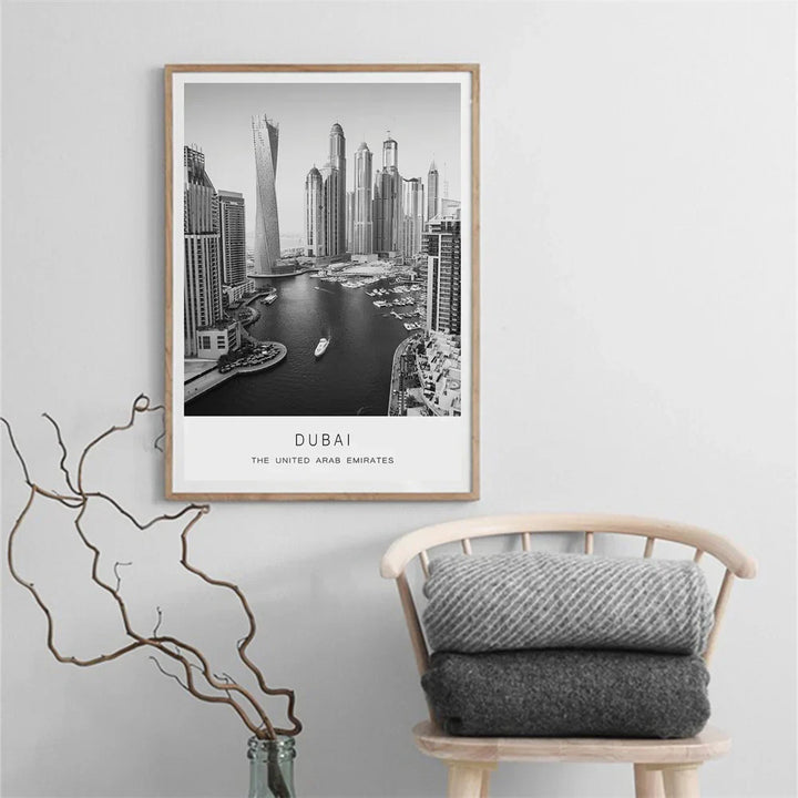 Dubai Skyline Poster International Travel Wall Art Fine Art Canvas Print Black White Pictures For Living Room Dining Room Home Office Art Decor | Skanto