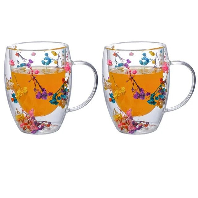 2stk Tørkede Blomster Dobbelveggs Glasskopp