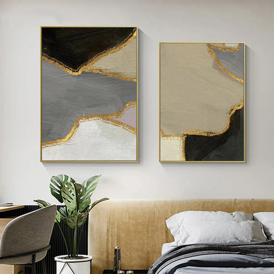 Abstract Color Block Wall Art Black Gray Beige Golden Canvas Print Pictures for Modern Apartment Living Room Contemporary Home Decor | Skanto