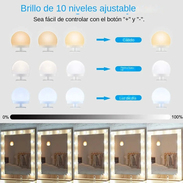 Skanto | Glamora | LED Makeup Speil Lys Sett | 10 Hollywood-Stil Lamper | USB, Dimmbar & 3 Fargemodi