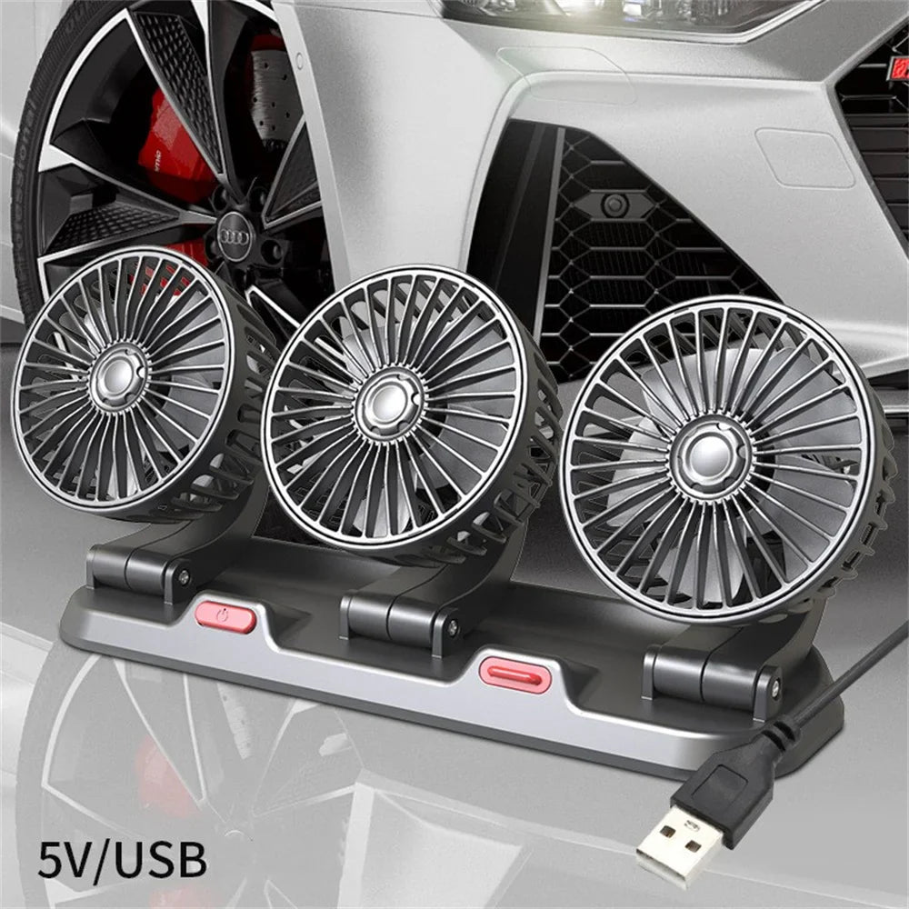 360° Justerbar Bilvifte - 3-Hodet Automotiv Elektrisk Vifte - USB/12V/24V - 2 Hastigheter - Stille Kjøling for Hjem, Skrivebord, Kontor & Bil | Skanto