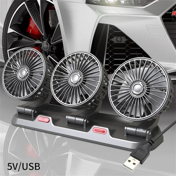 360° Justerbar Bilvifte - 3-Hodet Automotiv Elektrisk Vifte - USB/12V/24V - 2 Hastigheter - Stille Kjøling for Hjem, Skrivebord, Kontor & Bil | Skanto