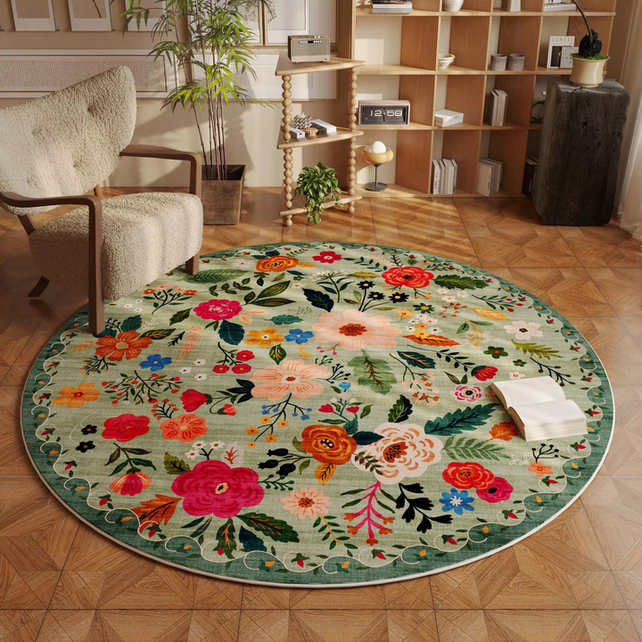 Skanto | Beige Rund Blomsterteppe med Vaskbart Antiskli-Bakside, Fargebestandig for Stue