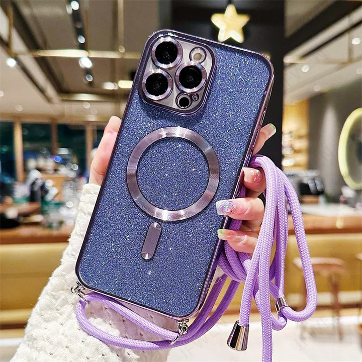 Luksus MagSafe Glitter Crossbody Stroppetui For iPhone 13 Elektroplaterte Trådløse Lade TPU Bakre Lanyard Deksel