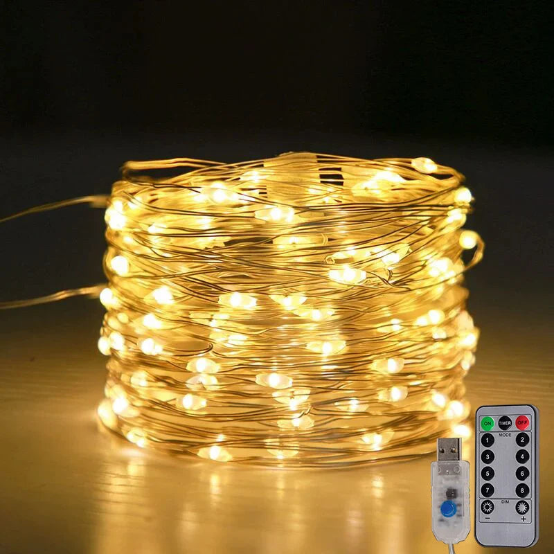 Skanto | LED Feilbelysning LumiCord | USB & Fjernkontroll | 8 Moduser | Varm Hvit | IP65 Vanntett | Kobbertråd | 5–30 m