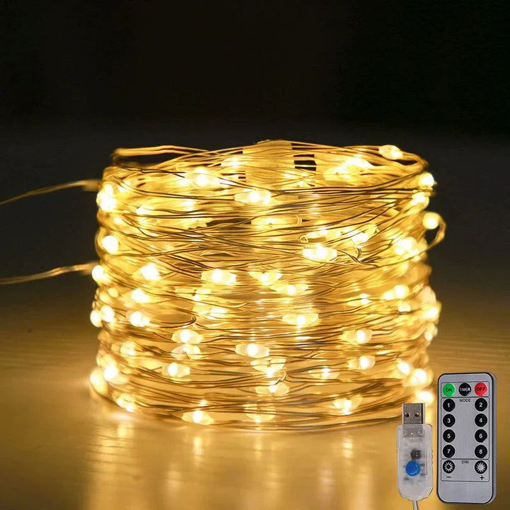 Skanto | LED Feilbelysning LumiCord | USB & Fjernkontroll | 8 Moduser | Varm Hvit | IP65 Vanntett | Kobbertråd | 5–30 m