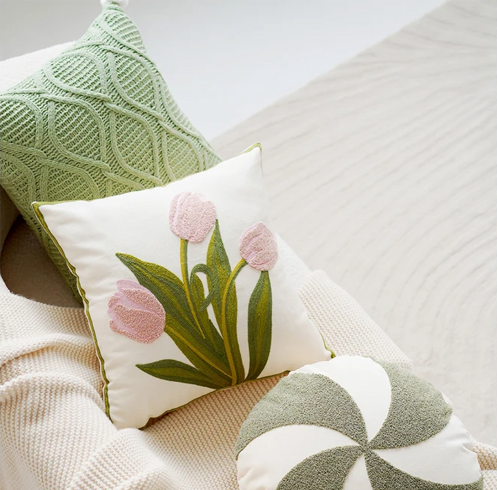 Grønn & Rosa Tulipan Broderi Putetrekk | Skanto