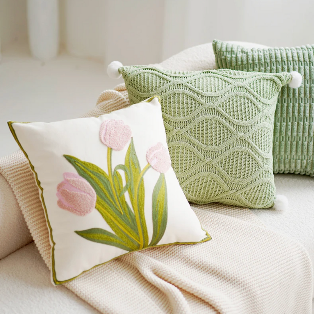 Grønn & Rosa Tulipan Brodert Putetrekk | Skanto