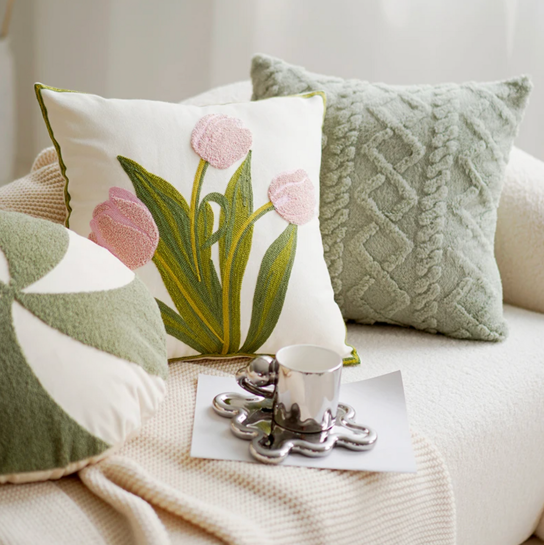 Grønn & Rosa Tulipan Broderi Putetrekk | Skanto