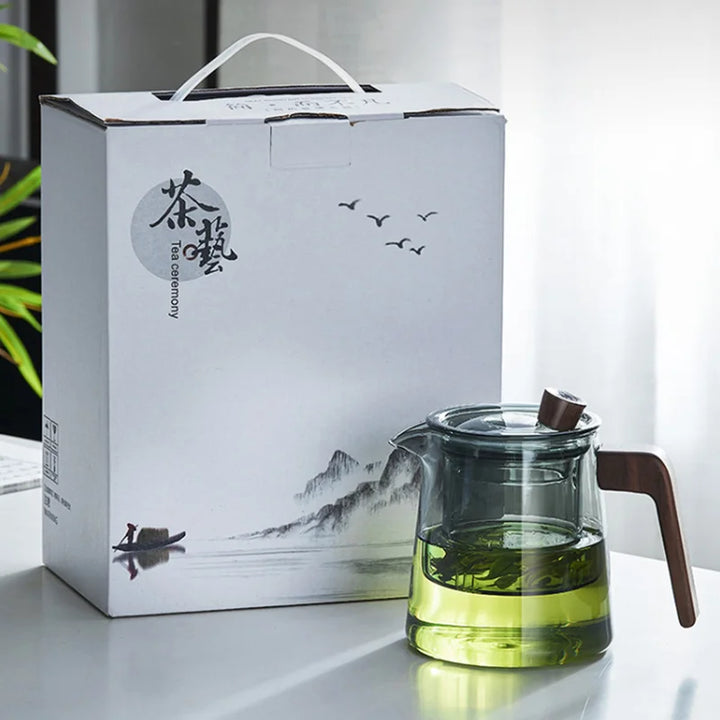Skanto | GIANXI Retro Glass Teapot Wood Handle Kinesisk Te Seremoni Gjennomsiktig Teutstyr Sett Kopp Filter Høy Bor Silikon Kanne  530ML