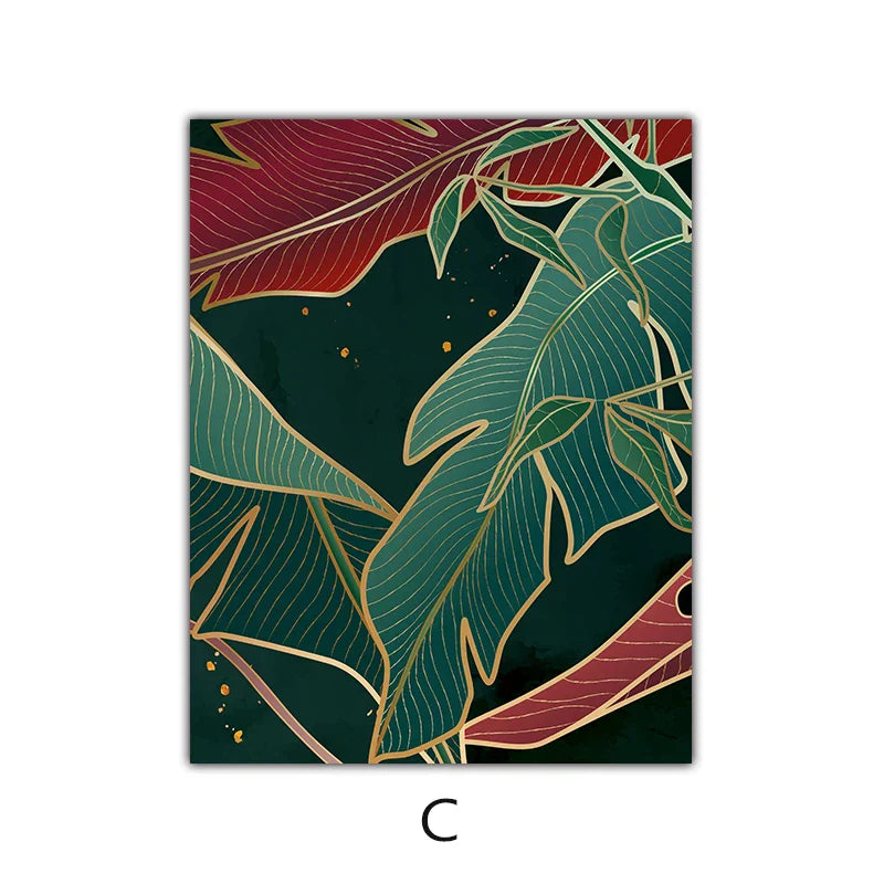 Modern Abstract Tropical Botanicals Wall Art Fine Art Canvas Prints Red Green Palm Leaves Posters Pictures For Living Room Hotel Room Decor | Skanto