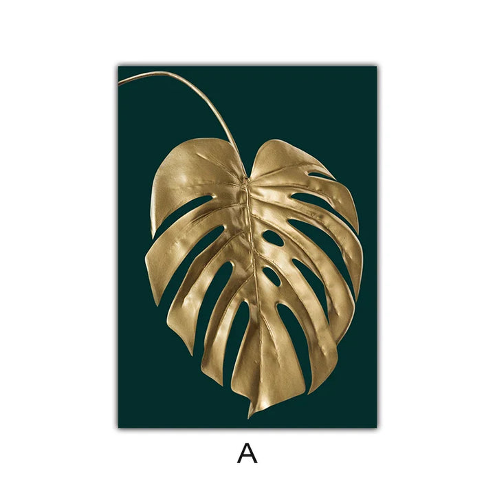 Abstract tropical botanicals golden leaves wall art artistic canvas prints pictures for living room dining room light luxurious interior decor | Skanto