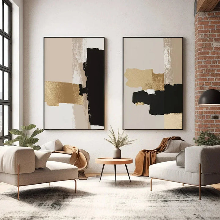 Black Beige Golden Color Block Abstract Wall Art Artistic Canvas Prints Modern Pictures for Living Room Bedroom Contemporary Interior Decor | Skanto
