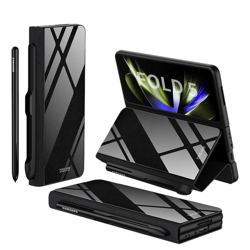 Skanto | Støtbestandig Rustningssak Glassdeksler Stativ Sett Inn Kort Lærsak for Samsung Galaxy Z Fold 5/4