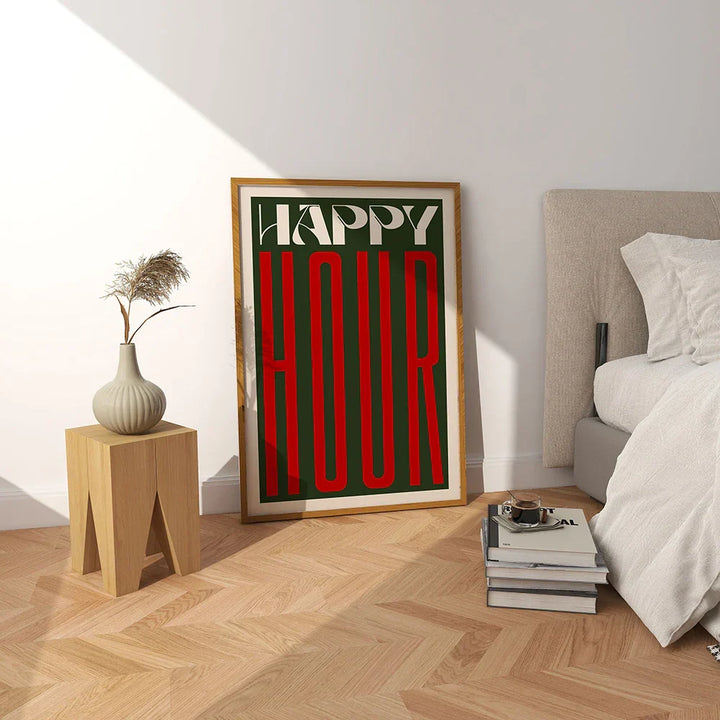 Retro Typographic Happy Hour Bar Cafe Kitchen Wall Art Fine Art Canvas Prints Pictures for Living Room Dining Room Colorful Art Decor | Skanto