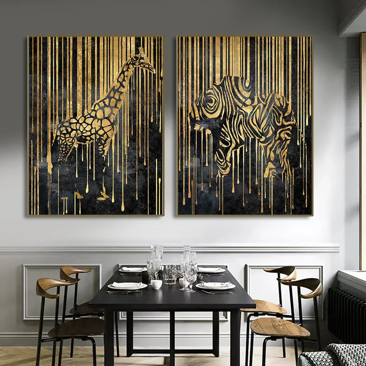 Modern Abstract Golden Zebra Lines Lion Elephant Tiger Wall Art Fine Art Canvas Prints Pictures for Luxury Apartment Living Room Dining Room Art Decor | Skanto