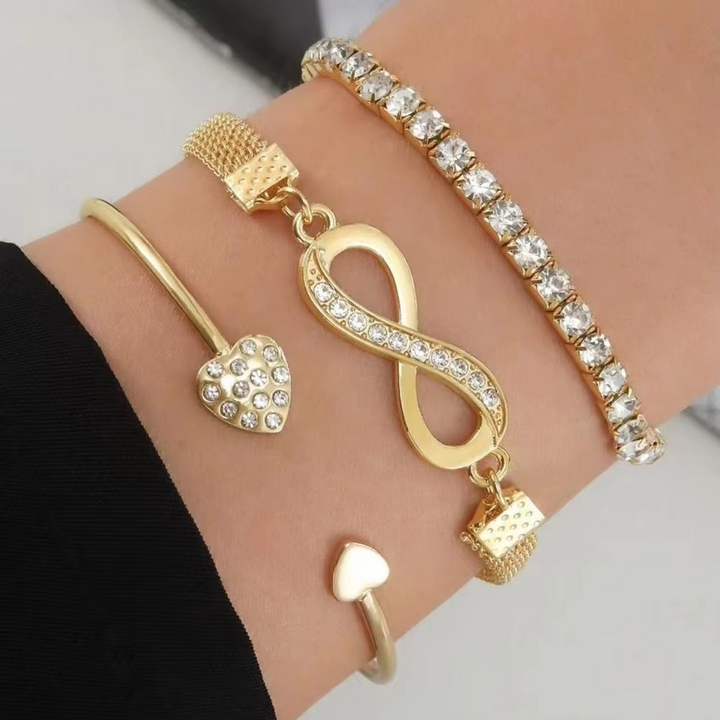 Skanto | Elegant Rhinestone Heart & Infinite Bracelet Set for Women - 3 Pieces