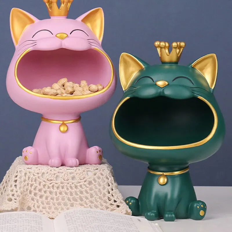 Skanto | Fortune Crown Big Mouth Cat Entrance Nøkkelholder Dekorativ Ornament, Lett Luksus Hjemmegave Skulptur