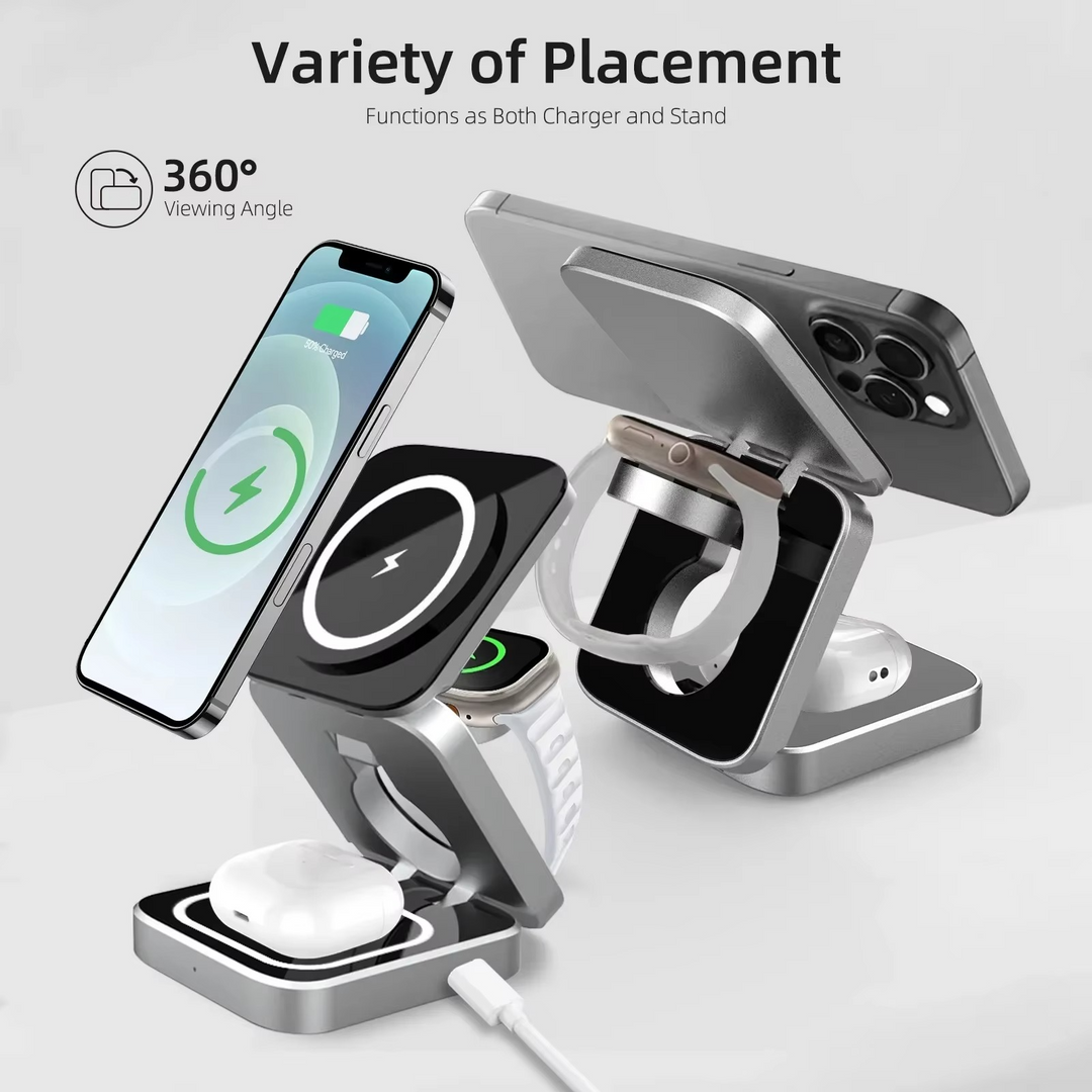 Skanto | 3-i-1 Magnetisk Trådløs Lader - Rask Sammenleggbar Lade Stasjon for Samsung, iPhone & AirPods